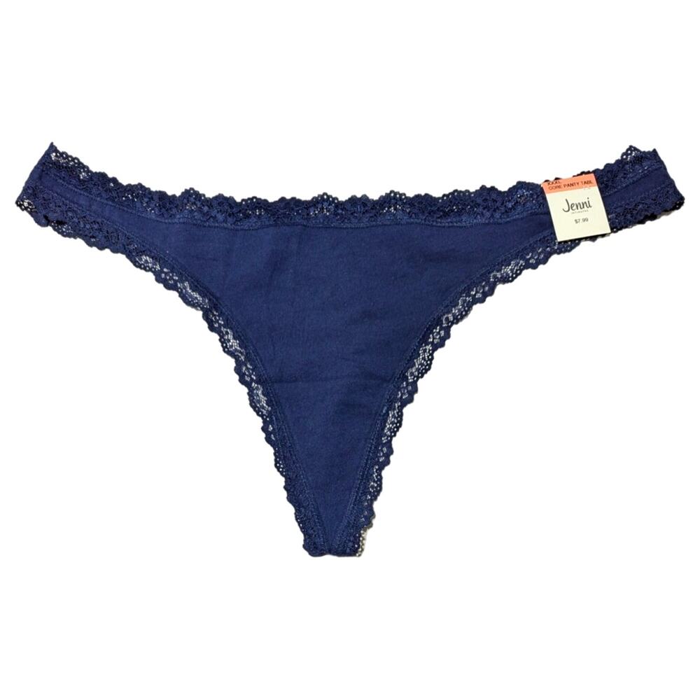 Jenni Intimates Navy‎ Blue Lace Trim Thong Panty Cotton Underwear Plus Size XXXL